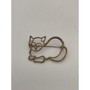 Vintage Cat Kitty Brooch Pin Gold Tone Cutout Outline Metal